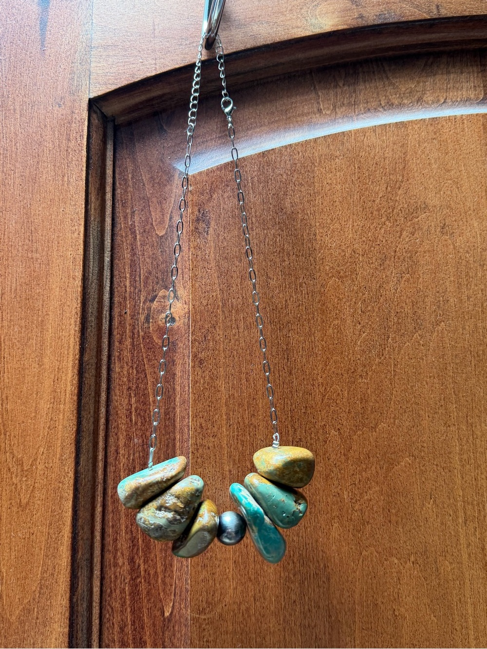 Turquoise chunk stacker necklace with sterling silver bead.